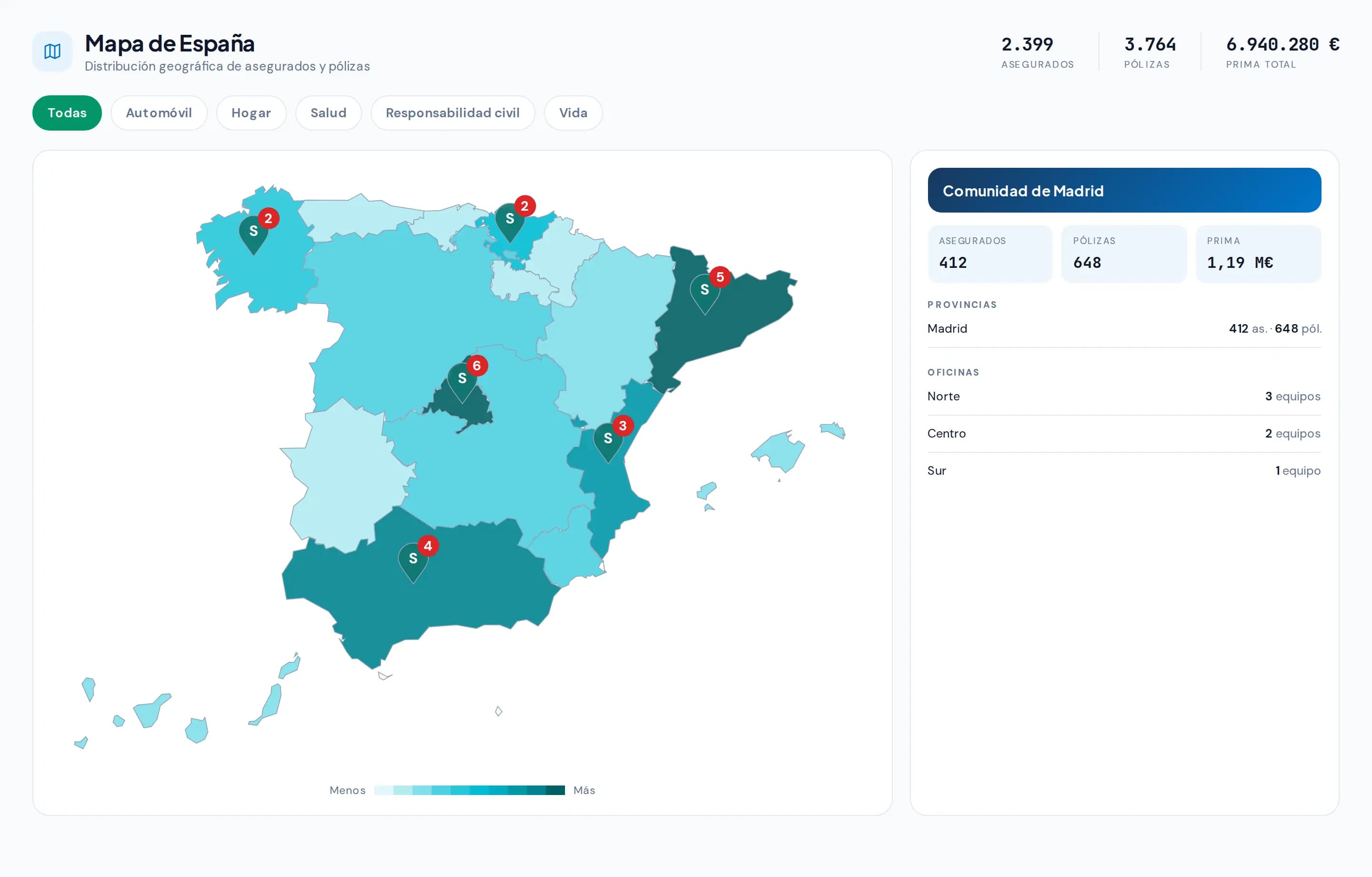 Mapa de cartera de España por comunidad autónoma: cada comunidad sombreada según sus asegurados y pólizas, con los pines de las oficinas y el desglose por provincia.
